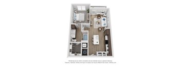 A 3D floor plan of a small apartment with a kitchen, living room, and bathroom.