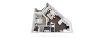 A 3D floor plan of a house with a kitchen, living room, and bathroom.