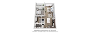 A floor plan of a small apartment with a kitchen, living room, and bathroom.