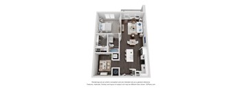 A 3D floor plan of a small apartment with a kitchen, living room, and bathroom.