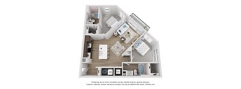 A 3D floor plan of a house with a kitchen, living room, and bathroom.