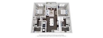 A 3D floor plan of a small apartment with a kitchen, living room, and bathroom.