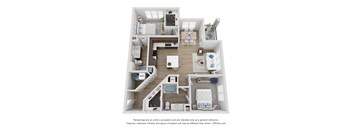 A 3D floor plan of a house with a kitchen, living room, and bedrooms.