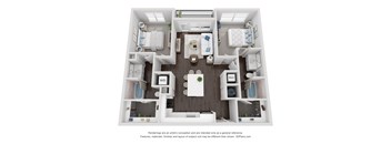 A 3D floor plan of a small apartment with a kitchen, living room, and two bedrooms.