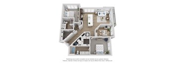 A 3D floor plan of a house with a kitchen, living room, and two bedrooms.