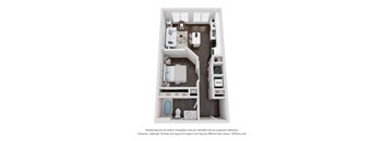 A 3D floor plan of a small apartment with a kitchen, living room, and bathroom.