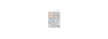 A diagram of a floor plan for a small apartment with a bedroom, living room, and bathroom.