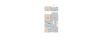 A floor plan of an apartment with two bedrooms, a living/dining area, a kitchen, a bathroom, and a garage.