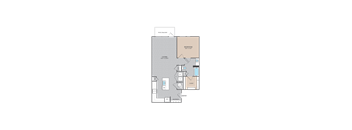 A floor plan of an apartment with a living room, bedroom, and bathroom.
