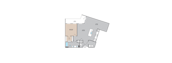 A floor plan of a residence with a bedroom, dining area, kitchen, and living room.