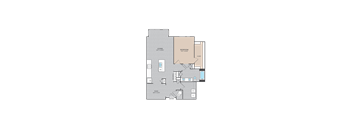 A floor plan of a living area with a bedroom, bathroom, and kitchen.