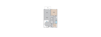 A floor plan of an apartment with a living room, bedroom, dining room, kitchen, bathroom, and entry.
