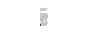 A floor plan of a house with a bedroom, living room, and kitchen.