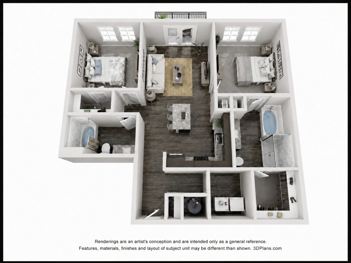 A 3D floor plan of a house with two bedrooms, a living room, a kitchen, and a bathroom.