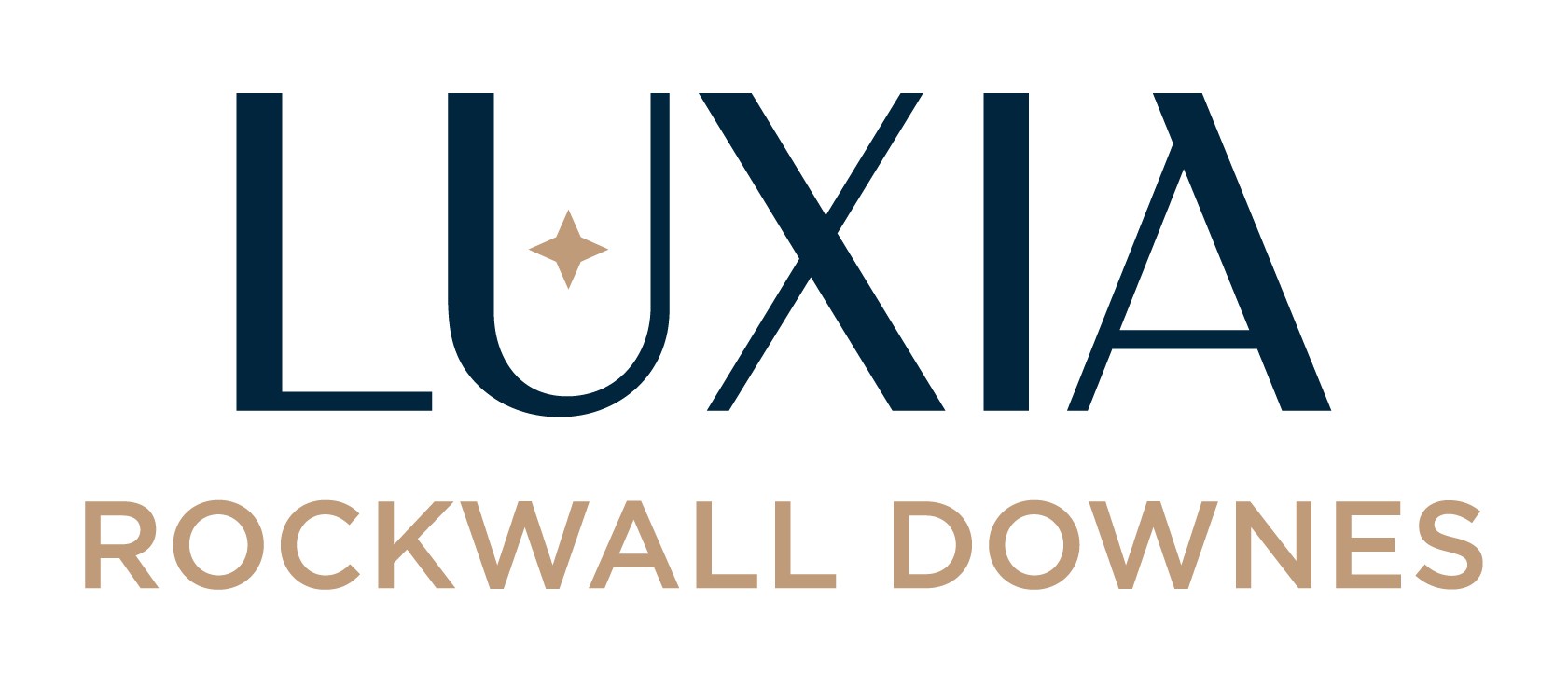 A logo with the word "LUXIA" in large blue letters and "ROCKWALL DOWNES" in smaller white letters below it.