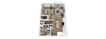 A 3D floor plan of a small apartment with a living room, kitchen, and bathroom.