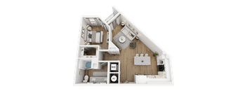 A 3D floor plan of a small apartment with a kitchen, living room, and bathroom.
