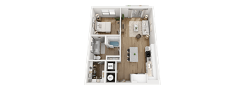 A top-down view of a small apartment layout with labeled sections for W.D and W.H.