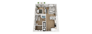 A 3D floor plan of a small apartment with a kitchen, living room, and bathroom.