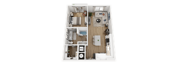 A top-down view of a small apartment with a living room, kitchen, and bathroom.