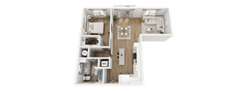 A top-down view of a two-bedroom apartment with a living room, kitchen, and bathrooms.