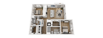 A 3D floor plan of a small apartment with a kitchen, living room, and bedrooms.