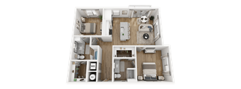 A 3D floor plan of a house layout.