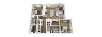 A 3D floor plan of a small apartment with a kitchen, living room, and two bedrooms.