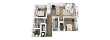 A 3D floor plan of a house with a kitchen, living room, and bathrooms.