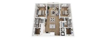 A 3D floor plan of a small apartment with a living room, kitchen, and two bedrooms.