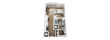 A top-down view of a small, neatly organized living space with a kitchen area, a dining table, and a bed.