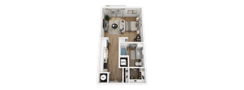 A top-down view of a small apartment layout with a kitchen, living room, bedrooms, and bathrooms.