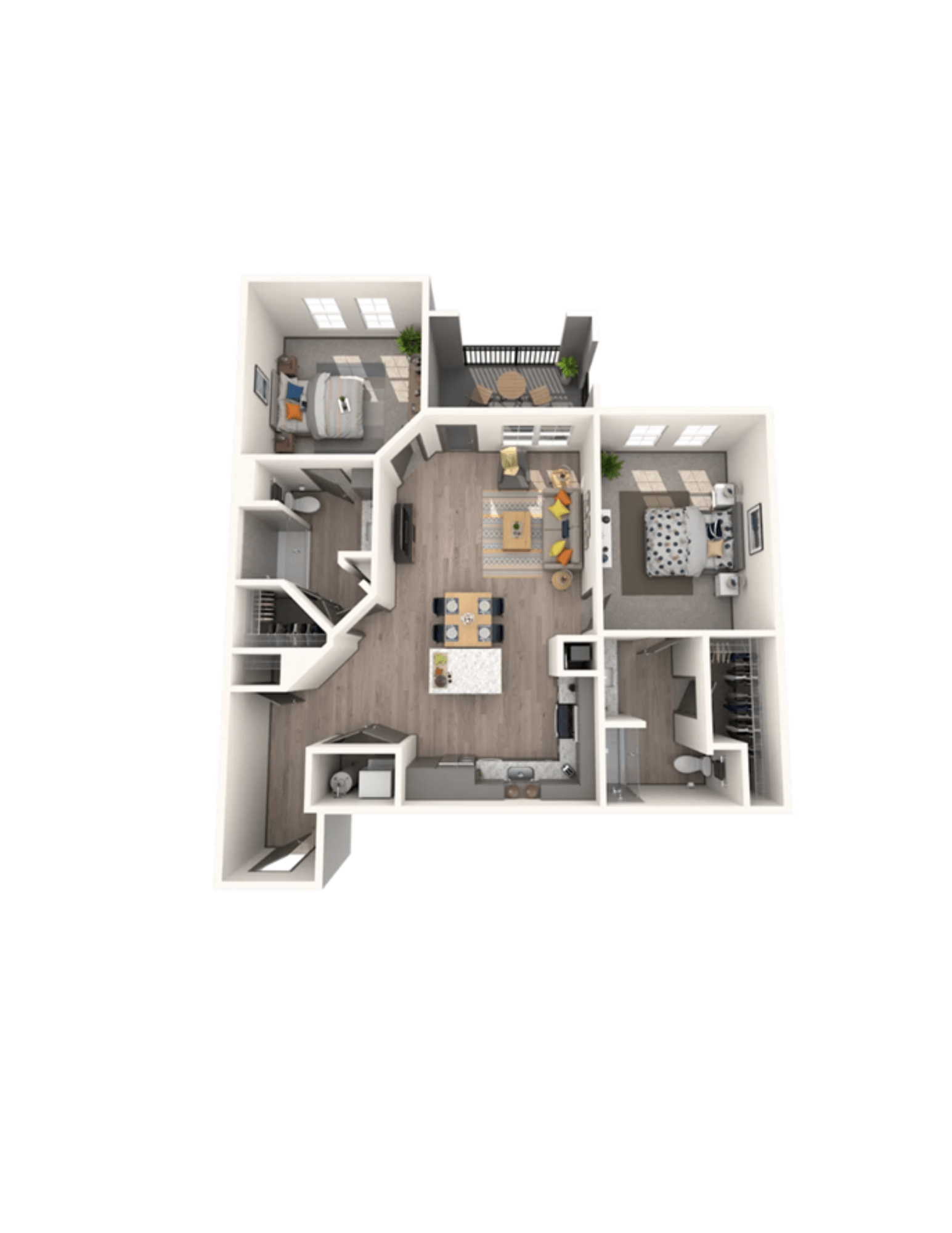 A floor plan of a small apartment with a kitchen, living room, and two bedrooms.