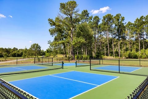 A tennis court surrounded by trees and a fence.