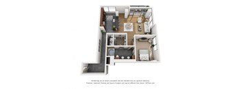 a stylized floor plan with a bedroom and a living room