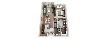 a 3d floor plan of a house with a bedroom and a living room