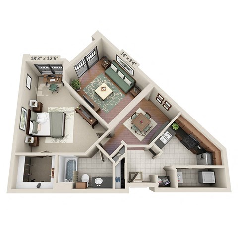 a 3d floor plan of a house with a bedroom and a living room