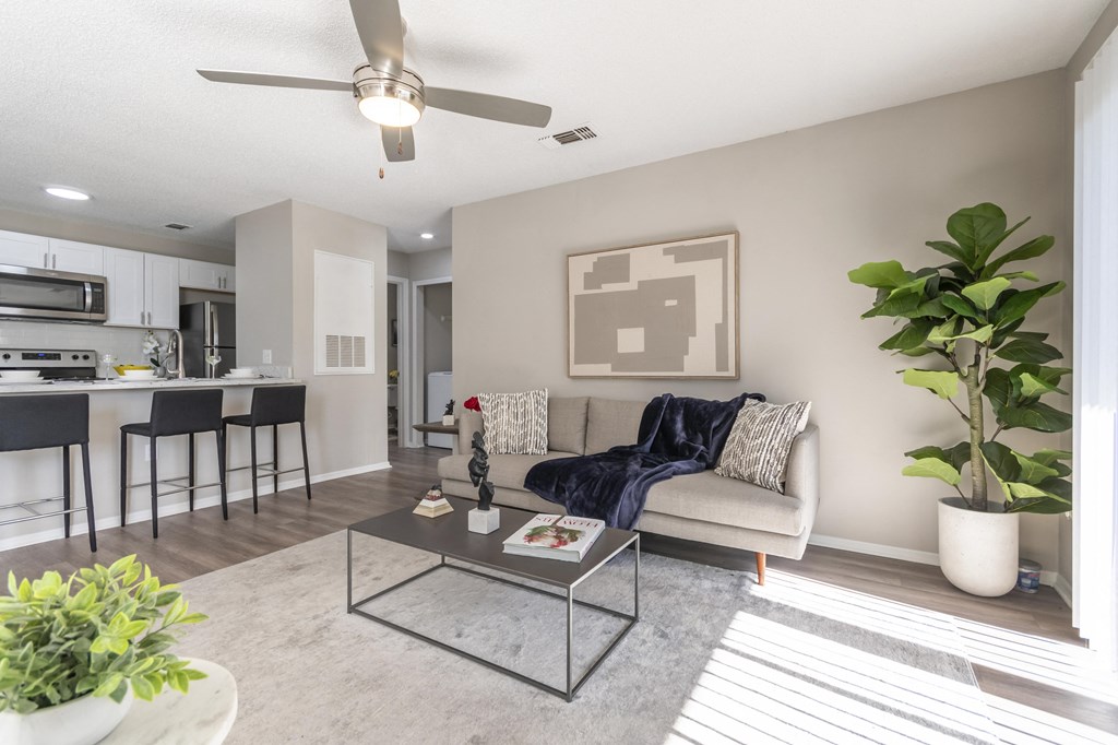 A modern living room with a grey sofa, a glass coffee table, and a ceiling fan.