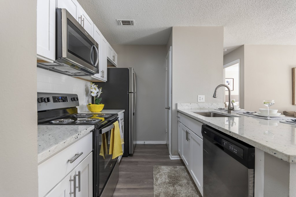 A kitchen with a black dishwasher and a black stove top oven.