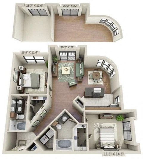 a 3d floor plan of a house with a balcony