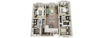 a 3d drawing of a floor plan with bedrooms and a living room