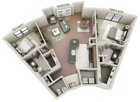a 3d floor plan of a house with a bedroom and a living room