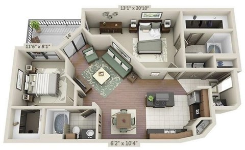A 3D floor plan of a house with a living room, kitchen, and two bedrooms.