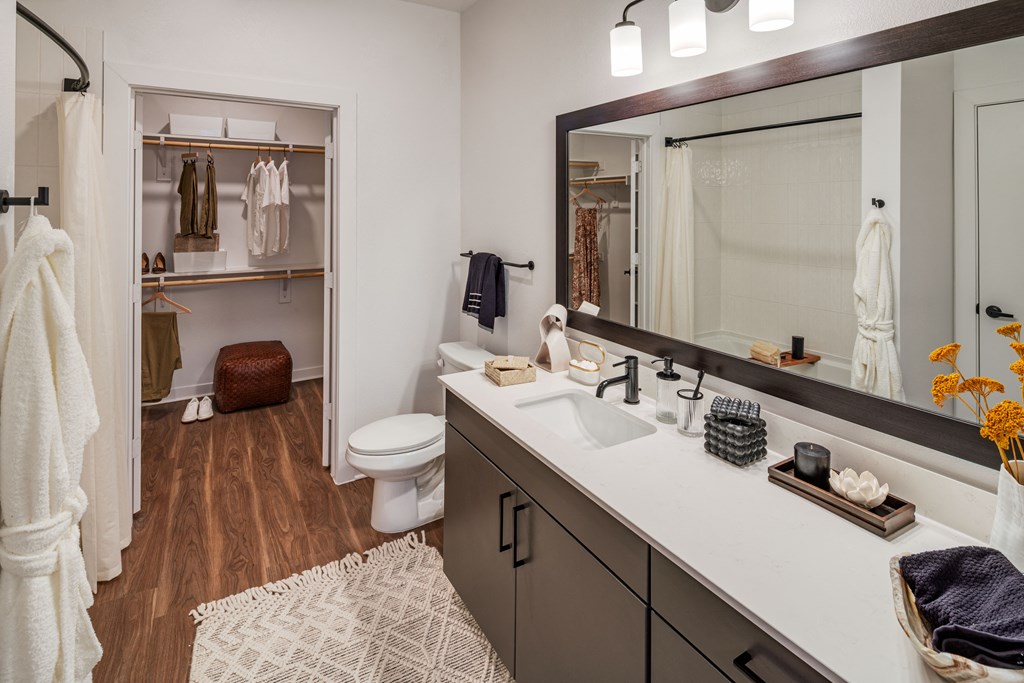 A bathroom with a white sink and a mirror.