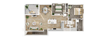 A top-down view of a house layout with a living room, dining area, kitchen, and bedrooms.