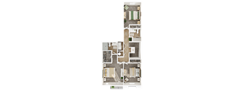 A floor plan of a two-story residential building with a living room, kitchen, dining room, and bedrooms.