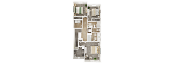 A floor plan of a house with a living room, two bedrooms, a bathroom, and a kitchen.
