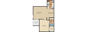 A floor plan of a house with a living room, dining room, kitchen, bathroom, bedroom, closet, and patio.