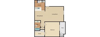 A floor plan of a house with a kitchen, dining room, living room, bedroom, bathroom, closet, patio, and storage.