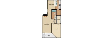A floor plan of a house with a dining room, living room, bedroom, bath, and closet.